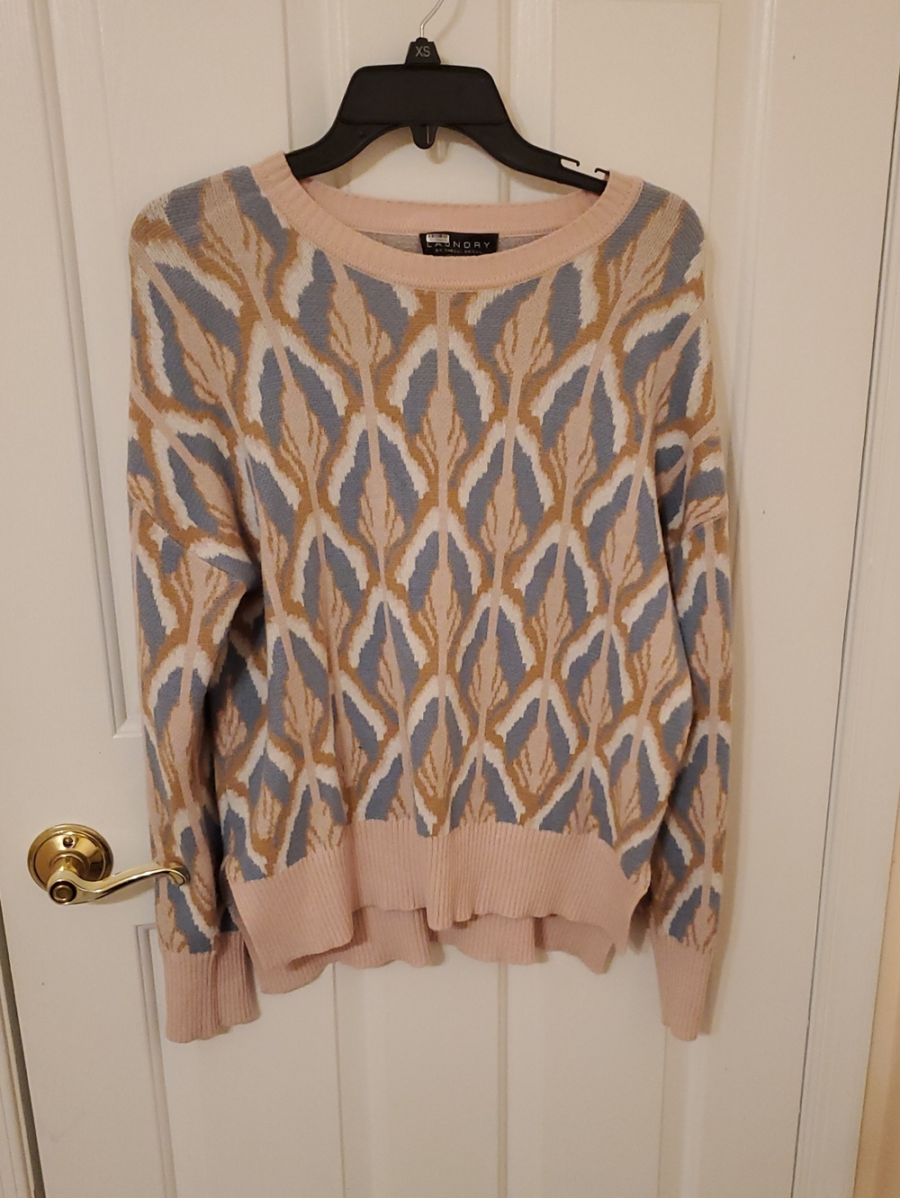 Laundry By Shelli Segal Blue, Pink & Cream Pattern Crewneck Sweater